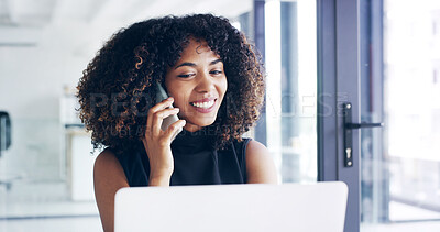 Buy stock photo Happy woman, laptop and talking with phone call at office for friendly business discussion. Female person, employee or designer with smile on mobile smartphone for creative conversation, app or chat