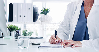 Buy stock photo Doctor, hands or writing with script for medical prescription, diagnosis or notes at hospital. Healthcare, person or professional with documents or paperwork for pharmaceutical research at clinic