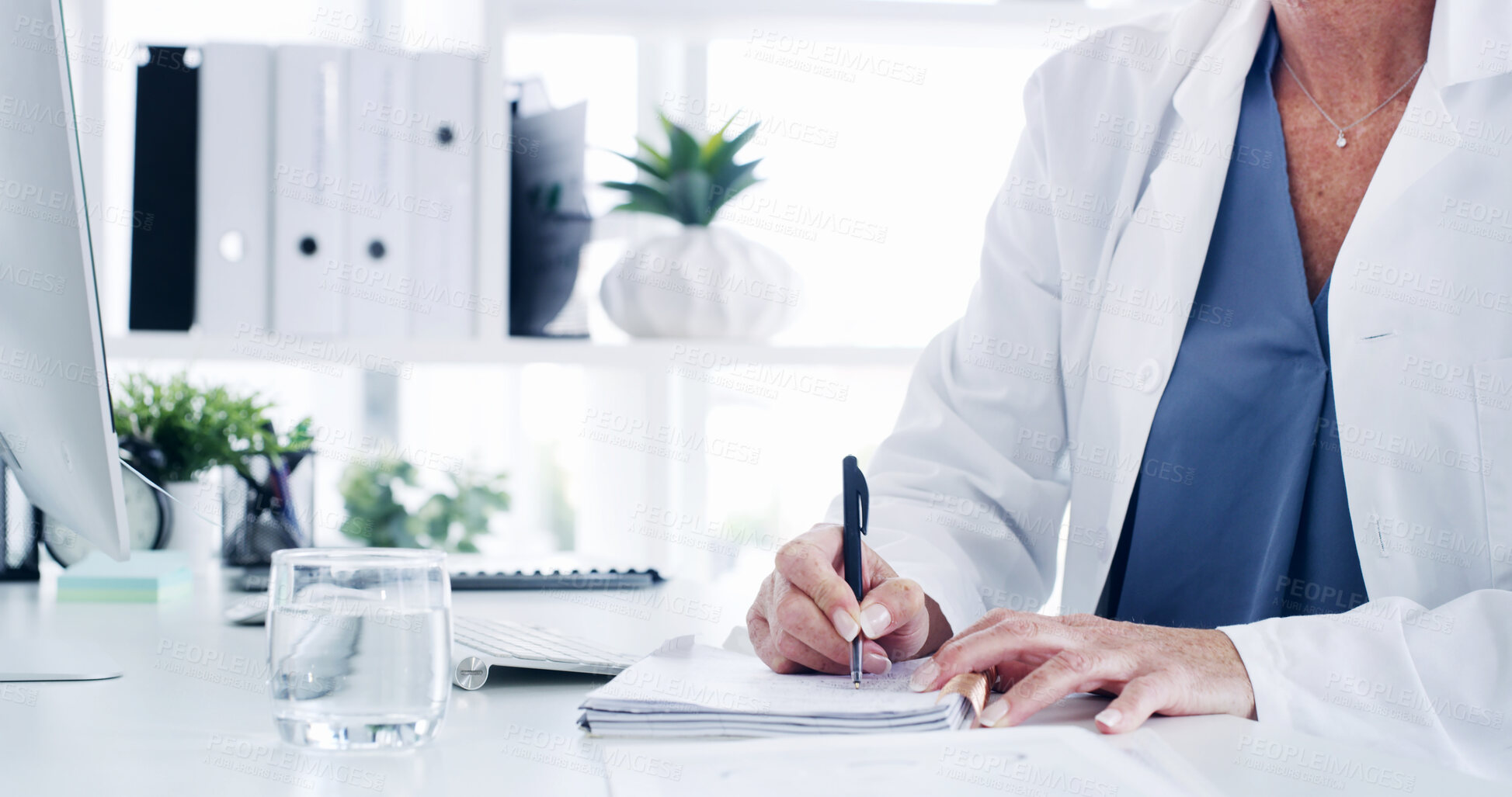 Buy stock photo Doctor, hands or writing with script for medical prescription, diagnosis or notes at hospital. Healthcare, person or professional with documents or paperwork for pharmaceutical research at clinic