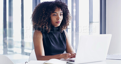 Buy stock photo Office, corporate and business woman on laptop for online proposal, administration and project management. Secretary, professional and person on computer for research, website and digital planning