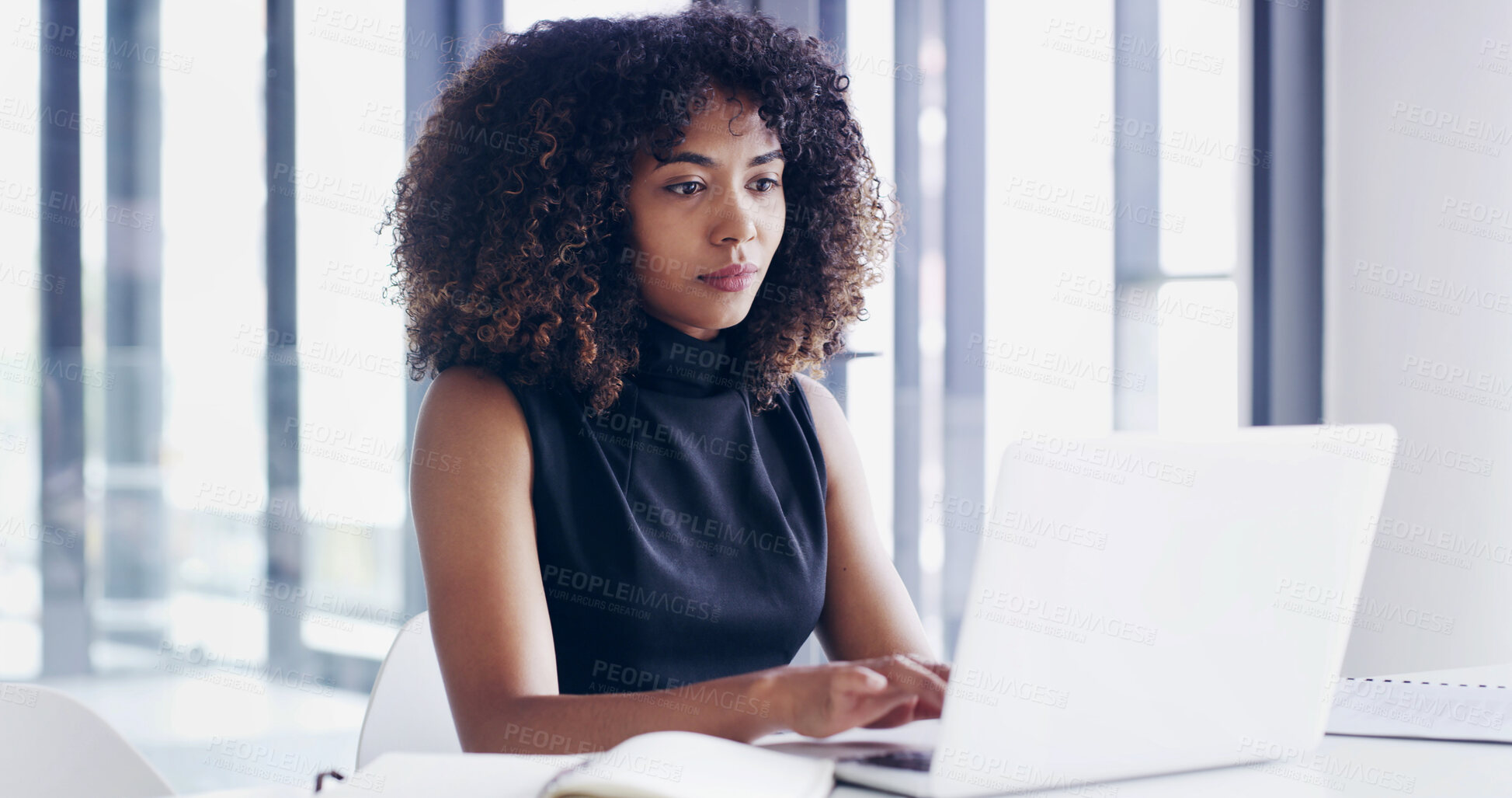 Buy stock photo Office, corporate and business woman on laptop for online proposal, administration and project management. Secretary, professional and person on computer for research, website and digital planning