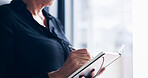 Office, tablet and hands of business person for online planning, financial review and research. Corporate, professional and worker on digital tech for finance report, investment and market update