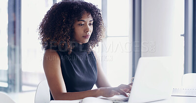 Buy stock photo Office, typing and business woman on laptop for online proposal, administration and project management. Corporate, professional and person on computer for research, website and digital planning