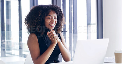 Buy stock photo Office, excited and business woman on laptop for online notification, good news and project feedback. Corporate, professional and person celebrate on computer for email, connection and promotion
