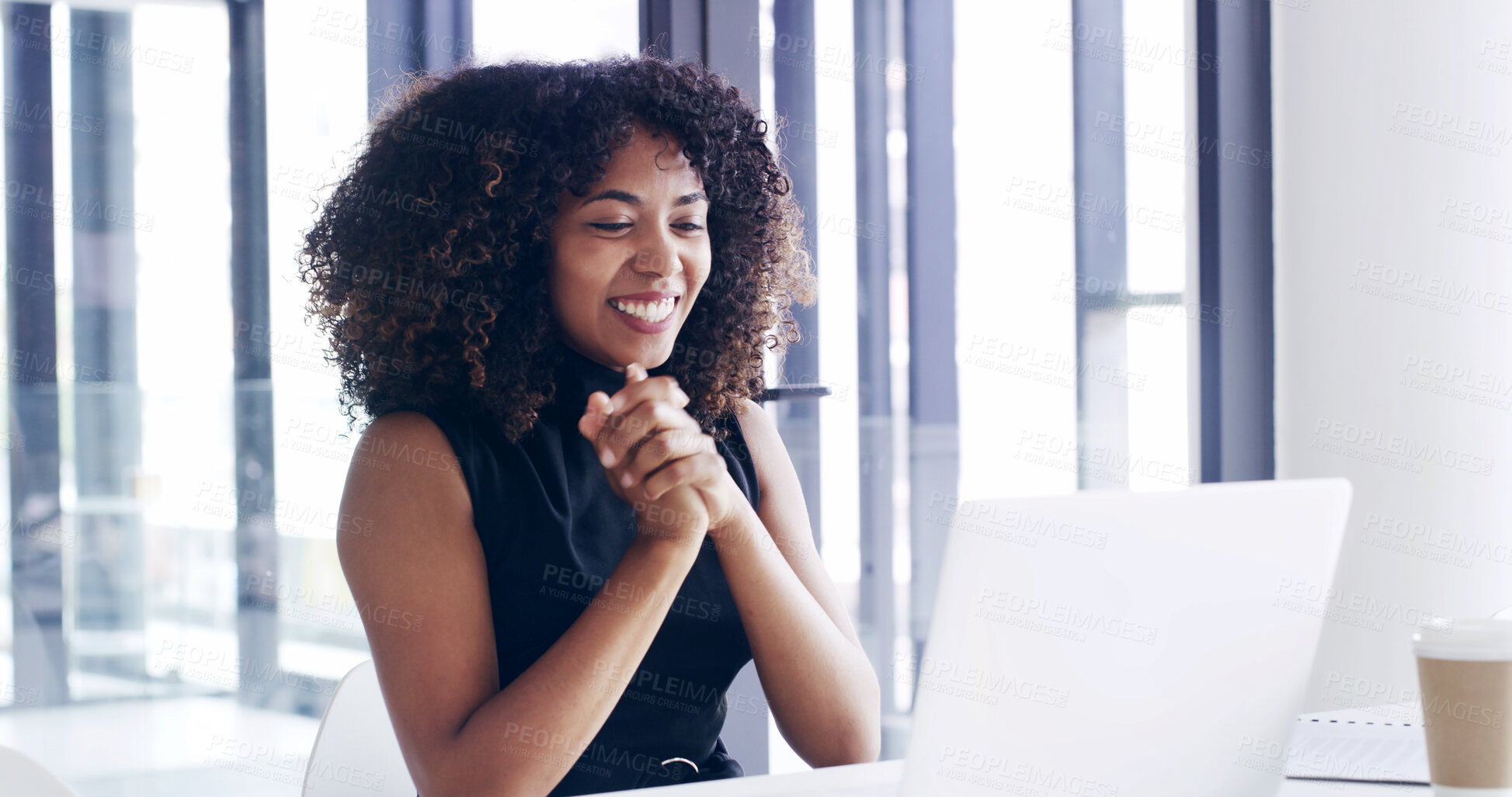 Buy stock photo Office, excited and business woman on laptop for online notification, good news and project feedback. Corporate, professional and person celebrate on computer for email, connection and promotion
