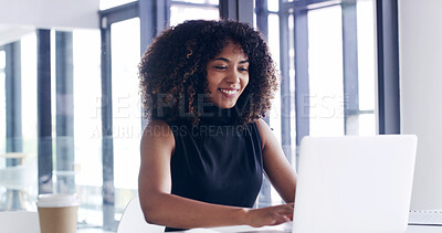 Buy stock photo Office, typing and African business woman on laptop for online proposal, administration and project management. Corporate, consultant and person on computer for research, website and digital planning