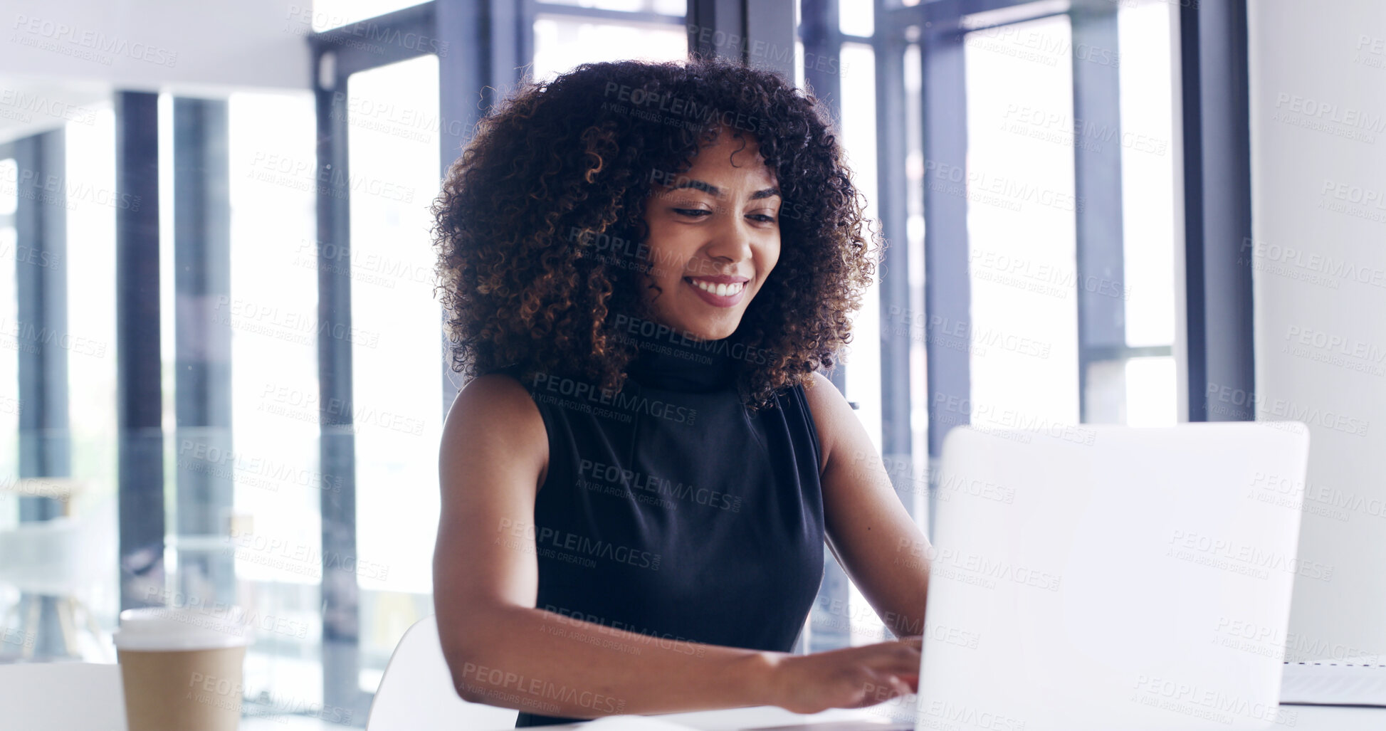 Buy stock photo Office, typing and African business woman on laptop for online proposal, administration and project management. Corporate, consultant and person on computer for research, website and digital planning