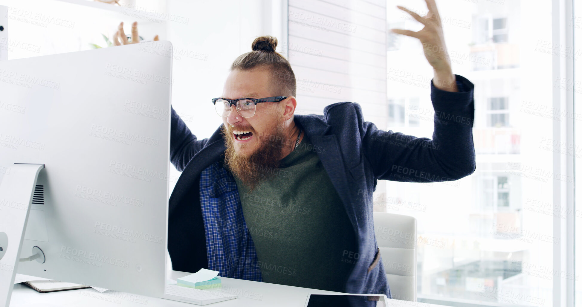 Buy stock photo Frustrated man, computer and stress with anger for business fail, mistake or agression at office desk. Male person, employee or shouting and screaming with monitor for tech issue or rage at workplace