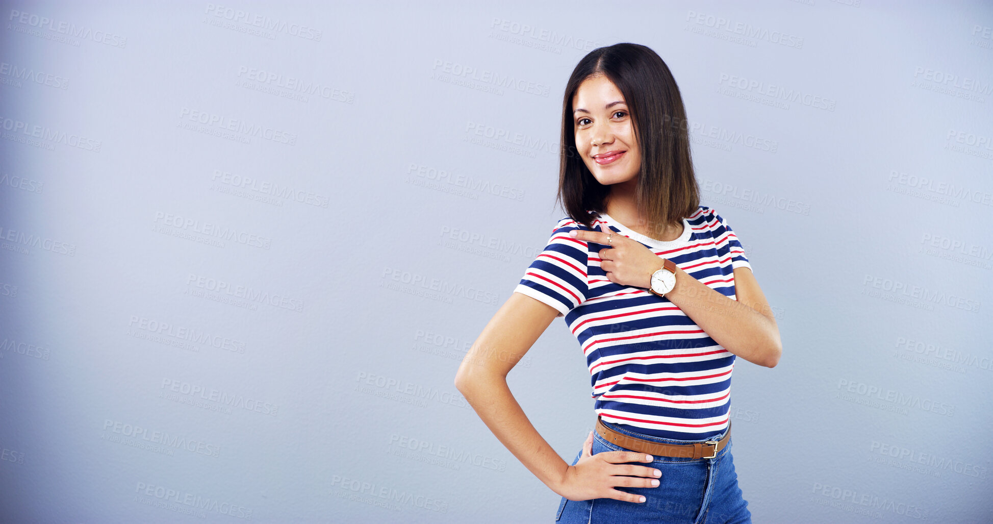 Buy stock photo Portrait, woman and pride for pointing in studio of university announcement, scholarship news or sign up. Happy, student and show direction with education steps, information guide and blue background