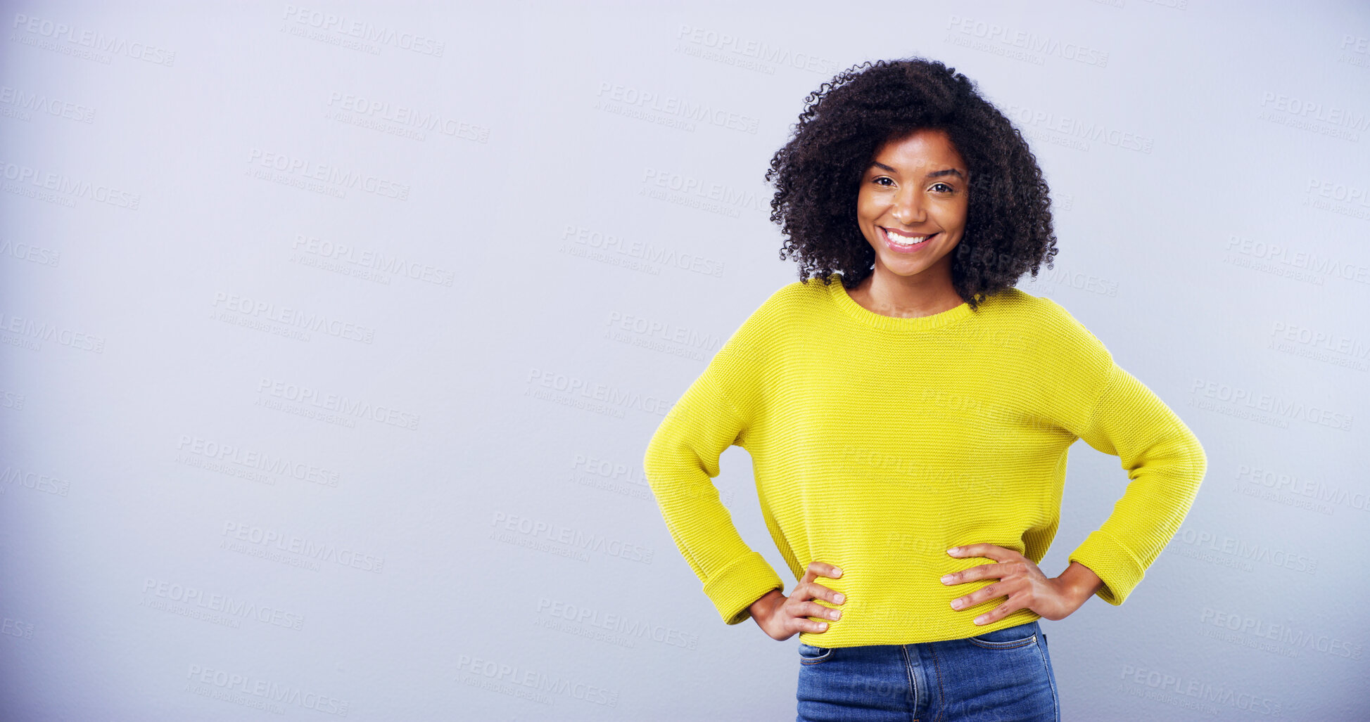 Buy stock photo Mockup, portrait and smile with black woman student in studio for education, learning or university study. College, hands on hips and space with happy person on gray background for future development