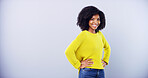 Portrait, smile and space with black woman in studio for education, learning or university study. College, hands on hips and mockup with happy student on gray background for development or future