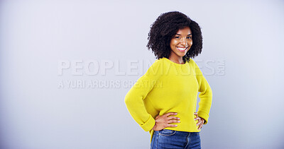 Buy stock photo Portrait, smile and space with black woman in studio for education, learning or university study. College, hands on hips and mockup with happy student on gray background for development or future
