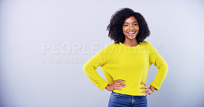 Buy stock photo Portrait, smile and student with black woman on studio space for education, learning or university study. College, hands on hips and happy with person on gray background mockup for future development