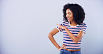 Studio, happy and woman with pointing to space for promotion deal, offer announcement and advertising. Ambassador, african person and gesture for launch information and coming soon on blue background