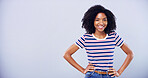 Happy, mockup and portrait of black woman student in studio for education, learning or university study. College, hands on hips and space with smile of person on gray background for enrolment 