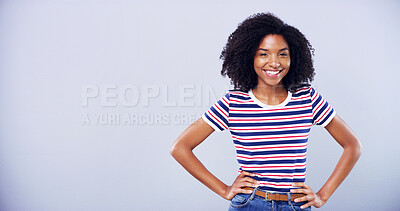 Buy stock photo Happy, mockup and portrait of black woman student in studio for education, learning or university study. College, hands on hips and space with smile of person on gray background for enrollment 