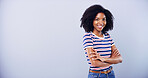Arms crossed, portrait and space with black woman student in studio for education, learning or university. College, confident and mockup with happy person on gray background for school enrolment