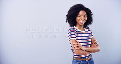 Buy stock photo Arms crossed, portrait and space with black woman student in studio for education, learning or university. College, confident and mockup with happy person on gray background for school enrollment