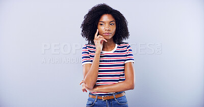Buy stock photo Mockup, student and thinking with black woman in studio for education, planning or problem solving. Future, idea and vision with confused person on gray background space for college or university