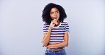 Space, student and thinking with black woman in studio for education, learning or problem solving. Future, idea or vision and person on mockup with gray background for college or university planning