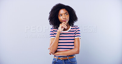 Buy stock photo Space, student and thinking with black woman in studio for education, learning or problem solving. Future, idea or vision and person on mockup with gray background for college or university planning