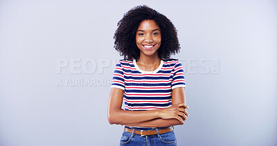 Buy stock photo Student, portrait and arms crossed with woman in studio for education, smile or college. Future, scholarship mockup, learning with African person on white background space for University or happiness