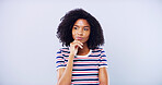 Mockup, student and planning with black woman in studio for education, learning or problem solving. Future, idea and thinking with person on gray background space for college or university vision