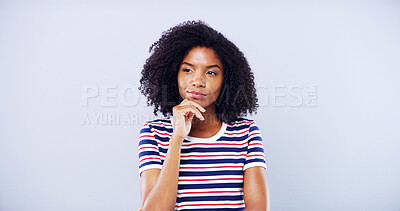 Buy stock photo Mockup, student and planning with black woman in studio for education, learning or problem solving. Future, idea and thinking with person on gray background space for college or university vision