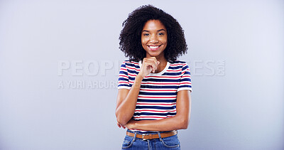 Buy stock photo Portrait, smile and space with black woman student in studio for education, learning or university study. College, mockup and thinking with happy person on gray background for development or future