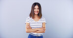 Student, smile and arms crossed with portrait of woman in studio for education and college. Future, scholarship mockup, learning with person on white background for University and happiness space