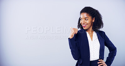 Buy stock photo Business, woman and pointing to space in studio with smile for accounting, career and approval. African accountant, gray background and advertising for corporate job, mockup and confident promotion