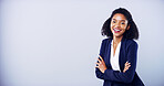 Business woman, smile and arms crossed for portrait in studio for accounting, career and confidence. African accountant, gray background and happy for corporate job, mockup space and promotion