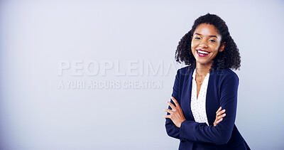 Buy stock photo Business woman, smile and arms crossed for portrait in studio for accounting, career and confidence. African accountant, gray background and happy for corporate job, mockup space and promotion