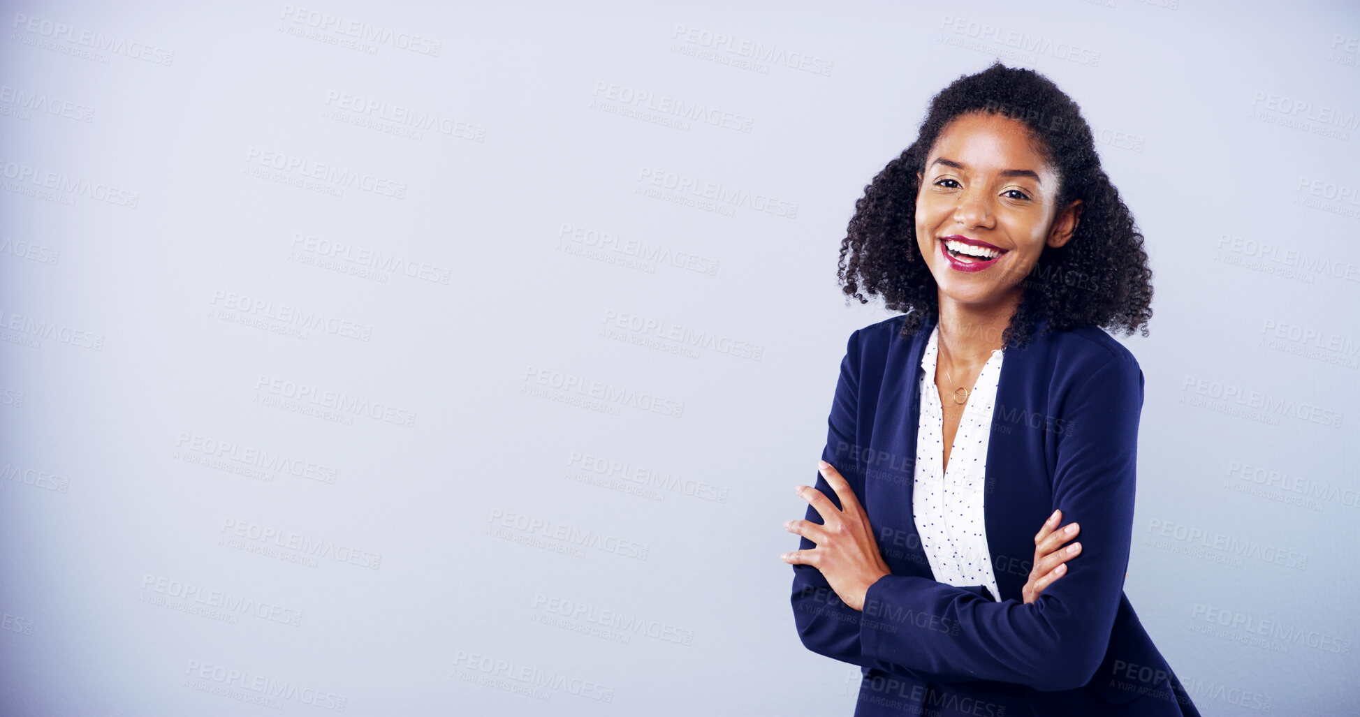 Buy stock photo Business woman, smile and arms crossed for portrait in studio for accounting, career and confidence. African accountant, gray background and happy for corporate job, mockup space and promotion