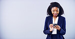 Corporate business, phone and woman in studio with internet for communication, social media or mockup. Entrepreneur survey, cellphone and person typing review, feedback or proposal on gray background
