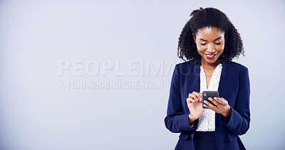 Buy stock photo Corporate business, phone and woman in studio with internet for communication, social media or mockup. Entrepreneur survey, cellphone and person typing review, feedback or proposal on gray background