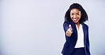 Happy, portrait and business woman with thumbs up in studio with approval gesture on gray background. Smile, accountant and African model with promotion, support and agreement for career mockup space