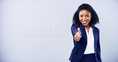 Buy stock photo Happy, portrait or business woman with thumbs up in studio with approval gesture on gray background. Smile, accountant or African model with promotion, support or agreement for career at mockup space