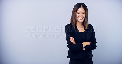 Buy stock photo Portrait, business and woman in studio, arms crossed or confidence on gray background space. Happy, employee or professional with corporate job, smile or financial consultant with career ambition