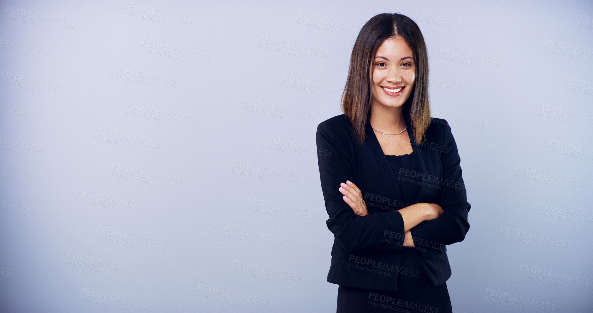 Buy stock photo Portrait, business and woman in studio, arms crossed or confidence on gray background space. Happy, employee or professional with corporate job, smile or financial consultant with career ambition