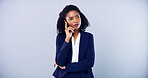 Business, mockup and thinking with woman in studio for corporate planning or problem solving. Future, idea and vision with professional employee on gray background space for career development