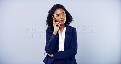 Buy stock photo Business, mockup and thinking with woman in studio for corporate planning or problem solving. Future, idea and vision with professional employee on gray background space for career development