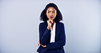 Business, space and thinking with woman in studio for corporate problem solving or vision. Future, idea and planning with professional employee on gray background mockup for career development