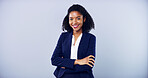 Business, woman and arms crossed for promotion in studio with smile for accounting, career and confidence. African accountant, gray background and happy for corporate job, mockup space and portrait