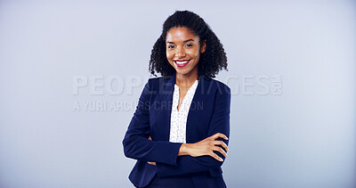 Buy stock photo Business, woman and arms crossed for promotion in studio with smile for accounting, career and confidence. African accountant, gray background and happy for corporate job, mockup space and portrait