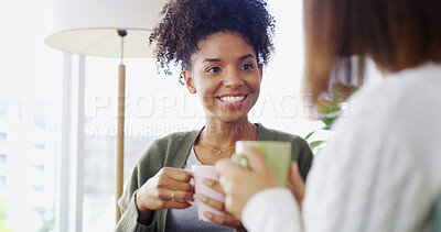 Buy stock photo House, coffee and women on sofa, conversation and bonding together in lounge. People, apartment and friends with cappuccino, espresso and support with comfort, relax and weekend break with chat