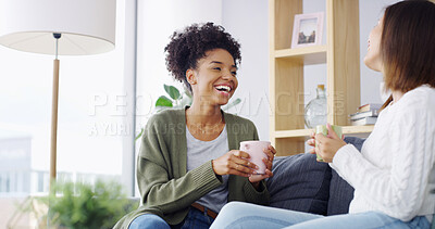 Buy stock photo Home, coffee and women on sofa, funny and bonding together in living room. Laughing, apartment and happy friends with cappuccino, humor and support with comfort, relax and weekend break in lounge