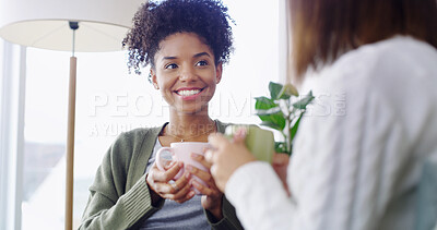 Buy stock photo Home, coffee and women in lounge, conversation and bonding together with smile. People, support and friends with cappuccino, gossip and share secret with comfort, relax and weekend break with tea