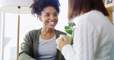 Buy stock photo Home, coffee and women with smile, talking and bonding together in living room. People, listening and friends with cappuccino, gossip and support with conversation, relaxing or weekend break with tea
