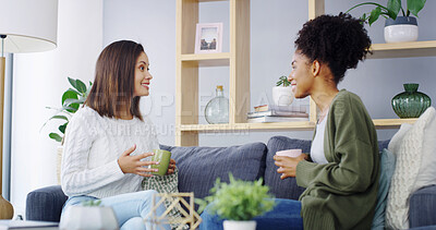 Buy stock photo Happy, coffee and relax with friends on sofa for bonding, women and social reunion. Smile, caffeine and drink with people talking in living room at home for chat, news and connection together